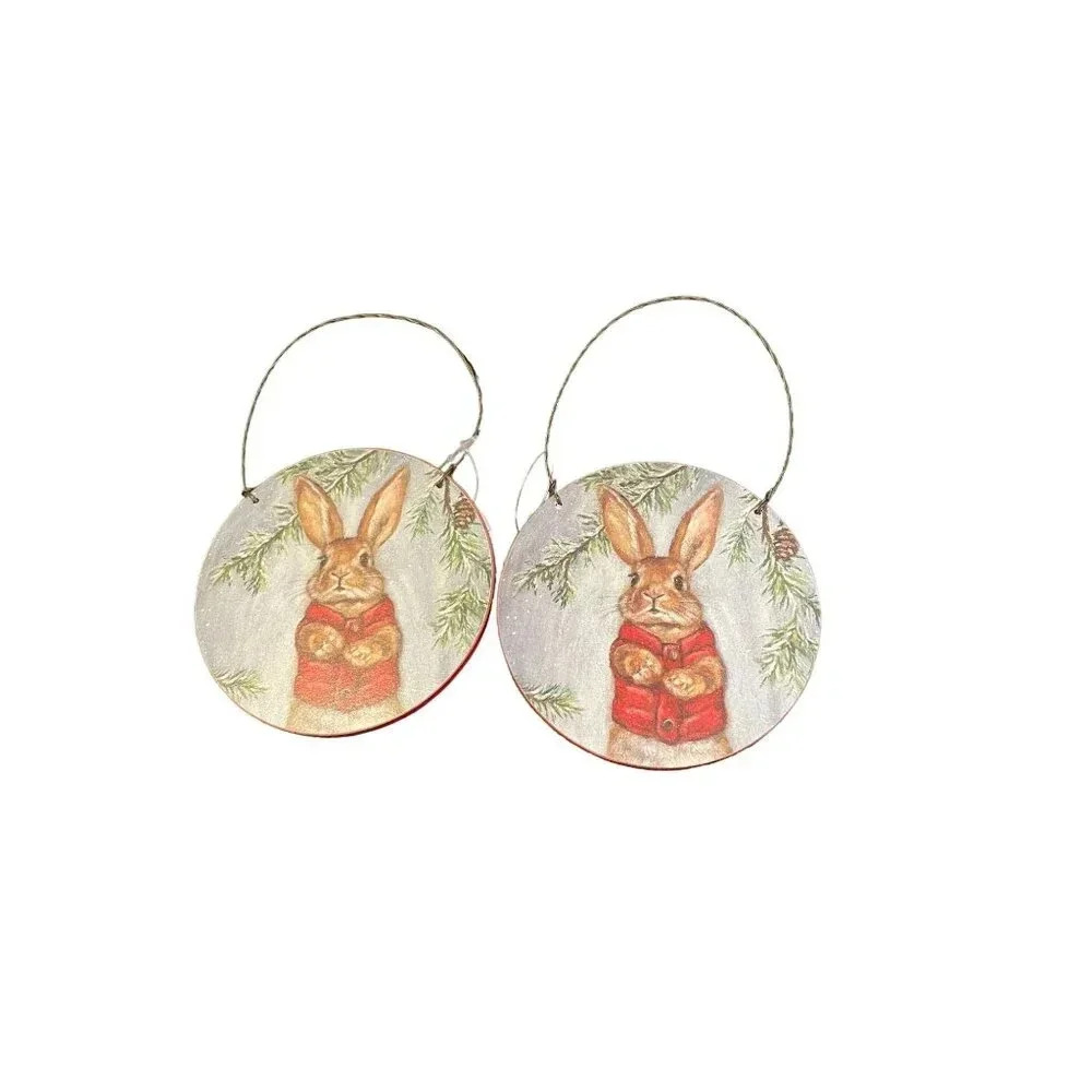 Rabbit Wooden Round Christmas Holiday Ornaments 4 x 4 Set Of 2 Farm Rustic NEW